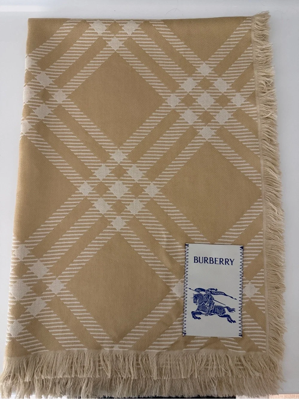 Burberry Wide Check Wool Silk Scarf / Wrap in Sand beige/ecru beige.